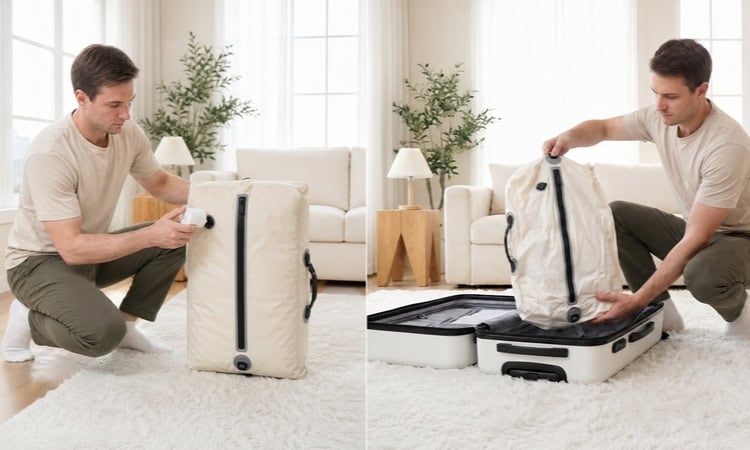 A traveler uses a BAGAIL TPU vacuum bag to compress bulky items, then fits the slimmed-down bag neatly into an open suitcase, showing how vacuum compression maximizes packing space. Photo courtesy of BAGAIL