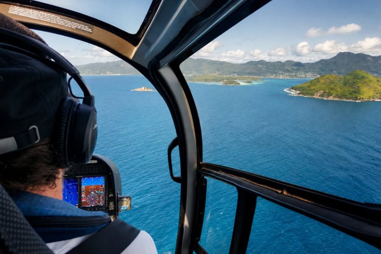 A view of the Seychelles from above by ZilAir helicopter. Image by Janine Avery
