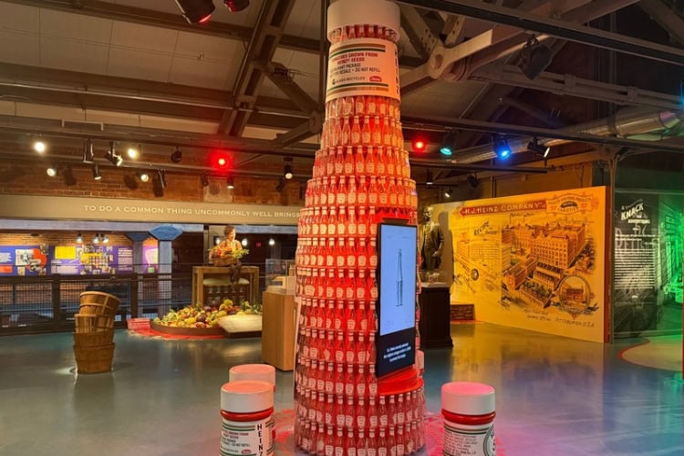 Large ketchup bottle made of many small ketchup bottles at the Heinz History Center. Photo by Debbie Stone
