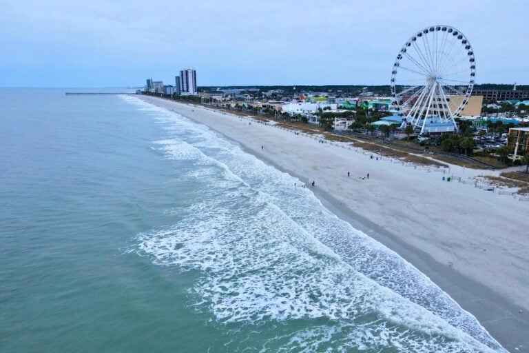 Myrtle Beach coastline with iconic ferris wheel and skyline. Photo by Joel, Pexels