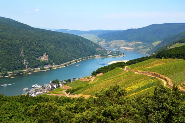 view over the river Rhine from the top of the hill in Rudesheim, Germany