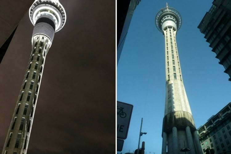 Auckland Sky Tower in Auckland, New Zealand by night and by day. Photos by Barry Barford