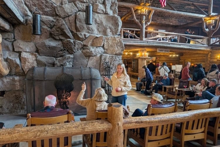 The massive fireplace at Old Faithful Inn, where guests gather to share experiences. Photo by Frank Hosek
