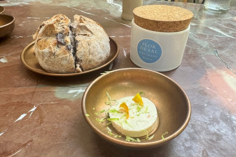 Olive sourdough bread made with xeixa Mallorcan flour at Botànic restaurant at Can Bordoy hotel in Palma. The olive oil for dipping tastes like liquid olives. Photo by Diana Ballon