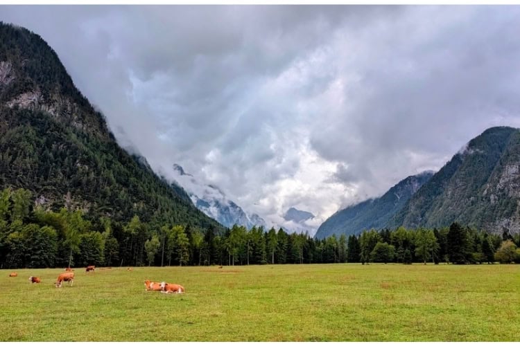 Tidy farms, towering ridges, and clouds churning off the peaks: the view from the saddle for much of the ride. Photo by Craig Stoltz