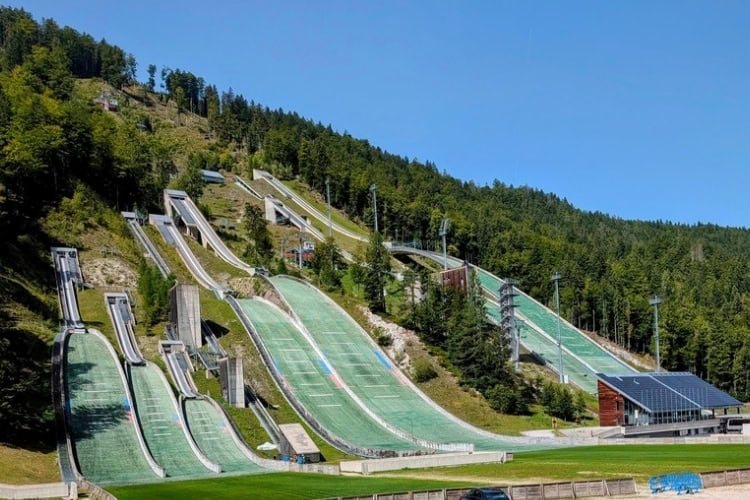 Ski jumps at Planica Nordic Centre in Slovenia, where elite ski jumpers train during the summer. Photo by Craig Stoltz