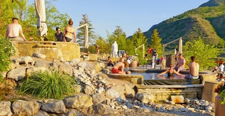 Hot mineral pools with water temperatures labeled. Photo by Tab Hauser