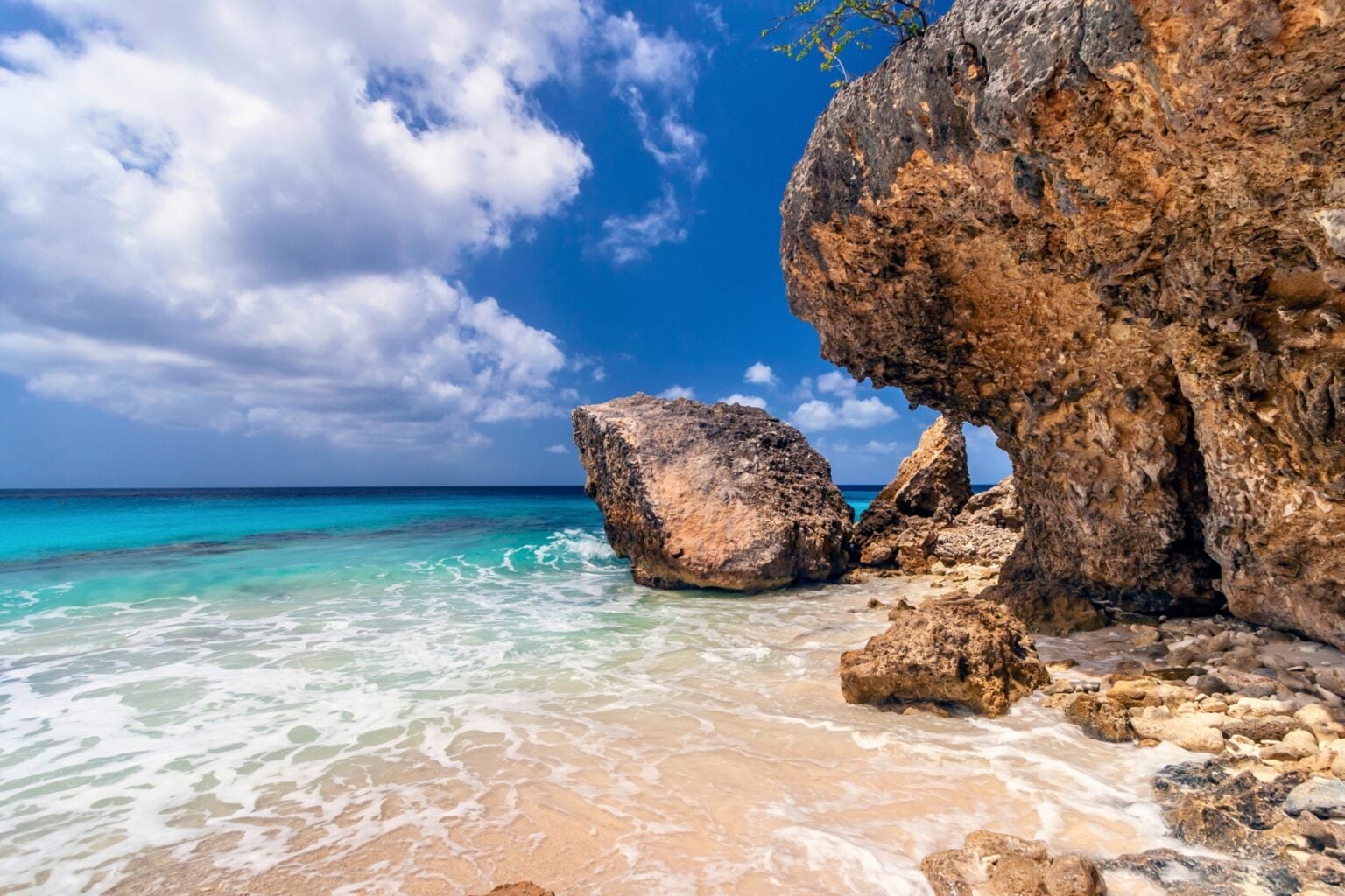 Turquoise water meets weathered limestone along Bonaire&rsquo;s coast. Photo by johnandersonphoto from Getty Images via Canva
