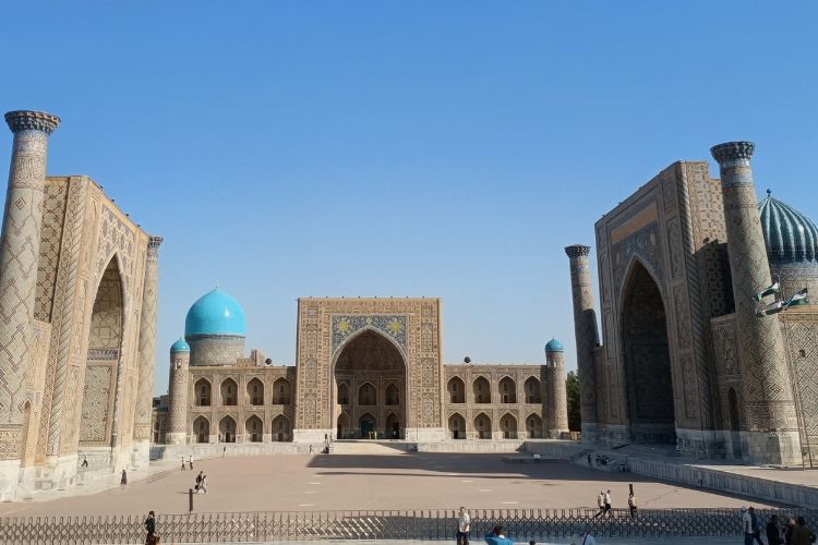 Registan Square in Samarkand ranks as the most iconic Islamic site in Central Asia. Notice the absence of tourists