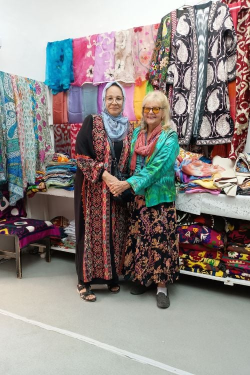 Traveler Carol Bowman greaful to Uzbeki artisan who created her reversible silk jacket